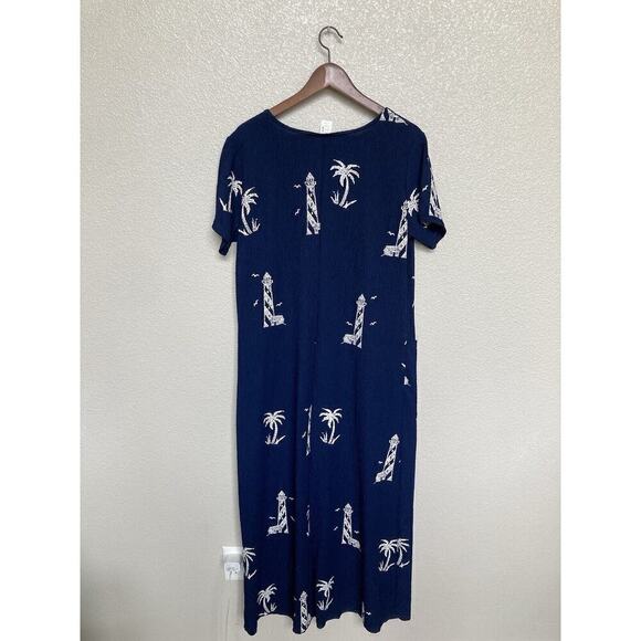 Vejaiz Designs Blue Gauzy Nautical Maxi Dress size Large Coastal short sleeve - Picture 4 of 4